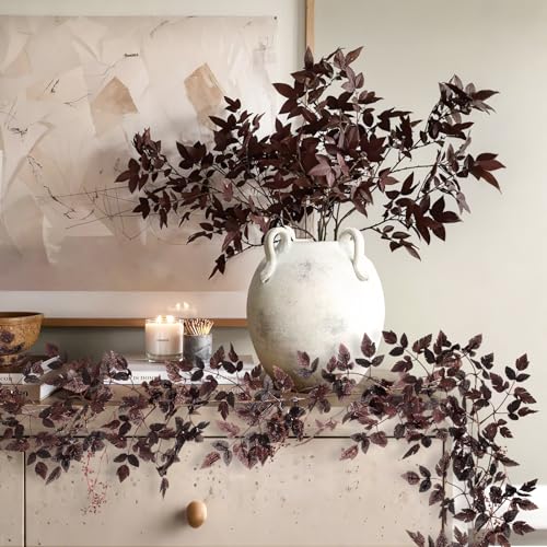 Image of Neutral Fall Garland for Mantle - 2 Pack 9Ft Plum Cimicifuga Seeded Leaf Garlands Purple Autumn Decor Fireplace and Table Decorations for Home Indoor Door Halloween Realistic Leaves Outdoor