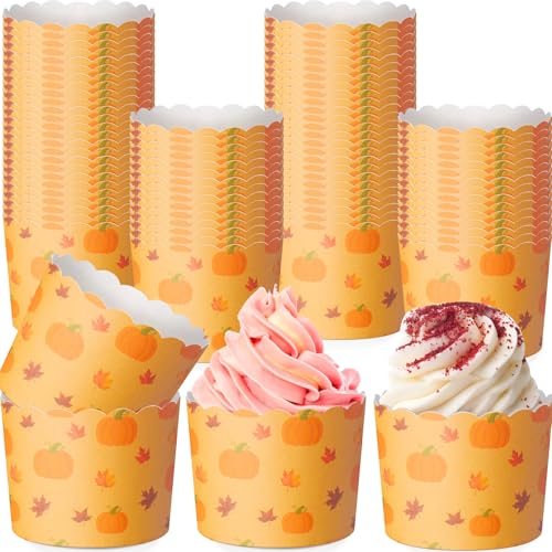 Funnymoom 100 Pcs Thanksgiving Fall Paper Baking Cups Pumpkin Maple Leaf Cupcake Liners Wrappers Decorative Cupcake Holders for Autumn Birthday Party Supply
