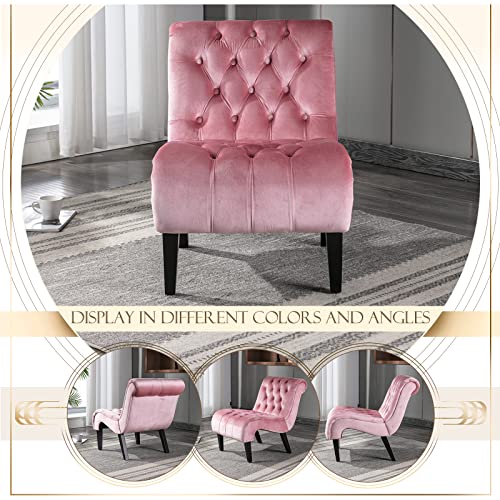 Kinffict Velvet Accent Lounge Chair For Living Room, Modern Leisure Chair With Tufted Backrest, Indoor Armless Side Chair, Upholstered Bedroom Sleeper Chair With Solid Wood Legs, Pink #TOP4