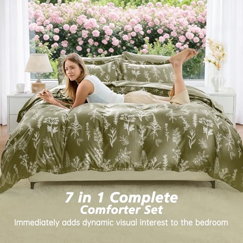 Image of MUXHOMO Olive Green Full Comforter Set, Elegant Floral Print Bed in a Bag 7 Pieces, Ultra Soft & Breathable Reversible Botanical Pattern Bedding Set with Comforter, Sheets, Pillowcases, and Shams