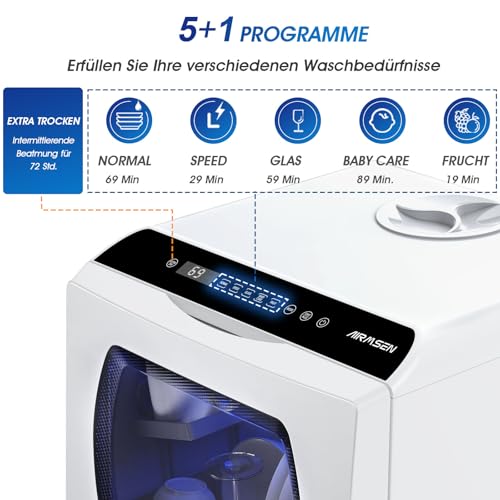 AIRMSEN Mini Geschirrspüler Tischgeschirrspüler mit 5+1 Programme 5L Wassertank, 2 Wege Wasserversorgung, Touch Control & LED-Display, Geeignet für Hausküchen, Wohnungen, Schlafsäle, Weiß