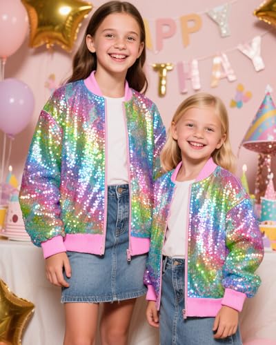 OlyPegic Girls Sequin Jacket Sparkly Glitter Bomber Kids Outwear with Pockets Zipper Coat Long Sleeve Jackets 4-12T2