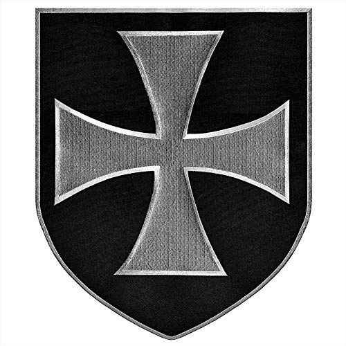 VEGASBEE Large Iron Cross Shield Crusaders Knights Insignia Army Christian Biker Vest Jacket Embroidered Iron-ON Patch Black-Silver 12 Tall USA