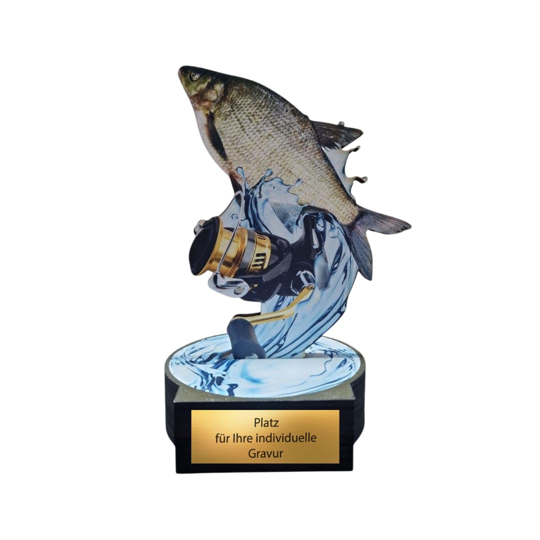 16 cm Holzpokal Trophäe Award mit Fisch & Angelrolle, Wunschgravur inkl. – personalisierbarer Birkensperrholz Pokal für Angelturniere