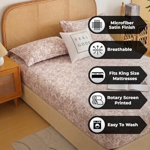 Image of Story@Home King Size Air Cotton Bedsheet 240 TC Fitted Sheet with 2 Pillow Covers, Soft & Durable Bed Sheet for King Bed (270 x 250 cm, Floral Print, Purple & Off White)