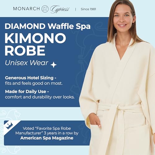 MONARCH Diamond Waffle Spa Kimono Robe - Soft Light Hotel Bathrobe Cypress2
