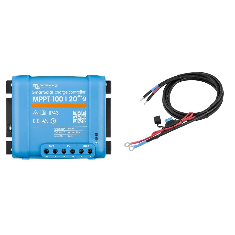 Victron Energy SmartSolar MPPT Laderegler 100/20-48 12V 24V 48V 20A Solarladeregler & enjoysolar 6mm² Batteriekabel Solarladeregler und Batterie mit Sicherung M8-Ringösen (15A 6mm² M8)