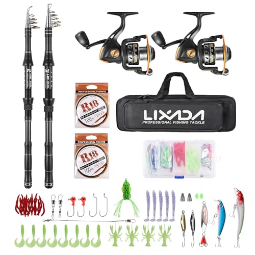 Eacam Fishing Rod Reel Combo 2PCS Fiberglass Telescopic Fishing Rod with Spinning Reel Fishing Line Lures Hooks Jigs Swivels Saltwater Freshwater Travel Fishing Kit