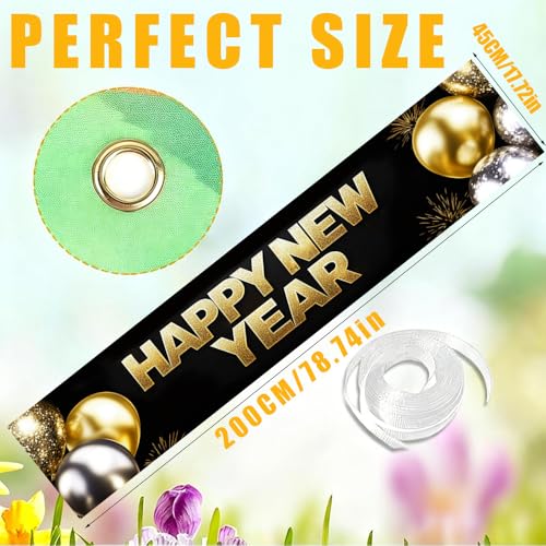 Image of Happy New Year Banner 78.7 x 17.7 Inch Gold and Silver Balloons Sparkling Confetti Design for Holiday Party Decoration Indoor Outdoor Wall Fence or Stage Background Celebration Display