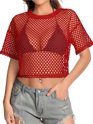 Image of Women's Mesh Top Fishnet T Shirts Sheer Loose Short Sleeve See Through Crop Tops