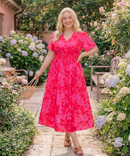 Image of CARCOS Plus Size Dresses for Curvy Women V Neck Summer Maxi Dress Short Sleeve Floral Boho Dress Smocked Waist Beach Dress