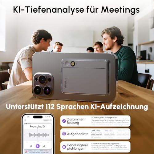 RECOLX KI Diktiergerät mit Hülle – 64 GB, ChatGPT-4 integriert, App-Steuerung, Transkription & Zusammenfassung mit 71 Vorlagen, KI-Analyse, 112 Sprachen, für Meetings & Vorträge – Grau
