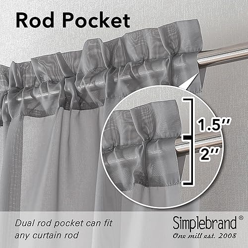 Image of Simplebrand Rod Pocket Top Solid Voile Sheer Curtains for Bedroom, 54 Inch Length Drapes Set of 2, Lightweight and Light Filtering Elegant Ivory Curtains Panels Window Treatment, 42Wx54L, Grey