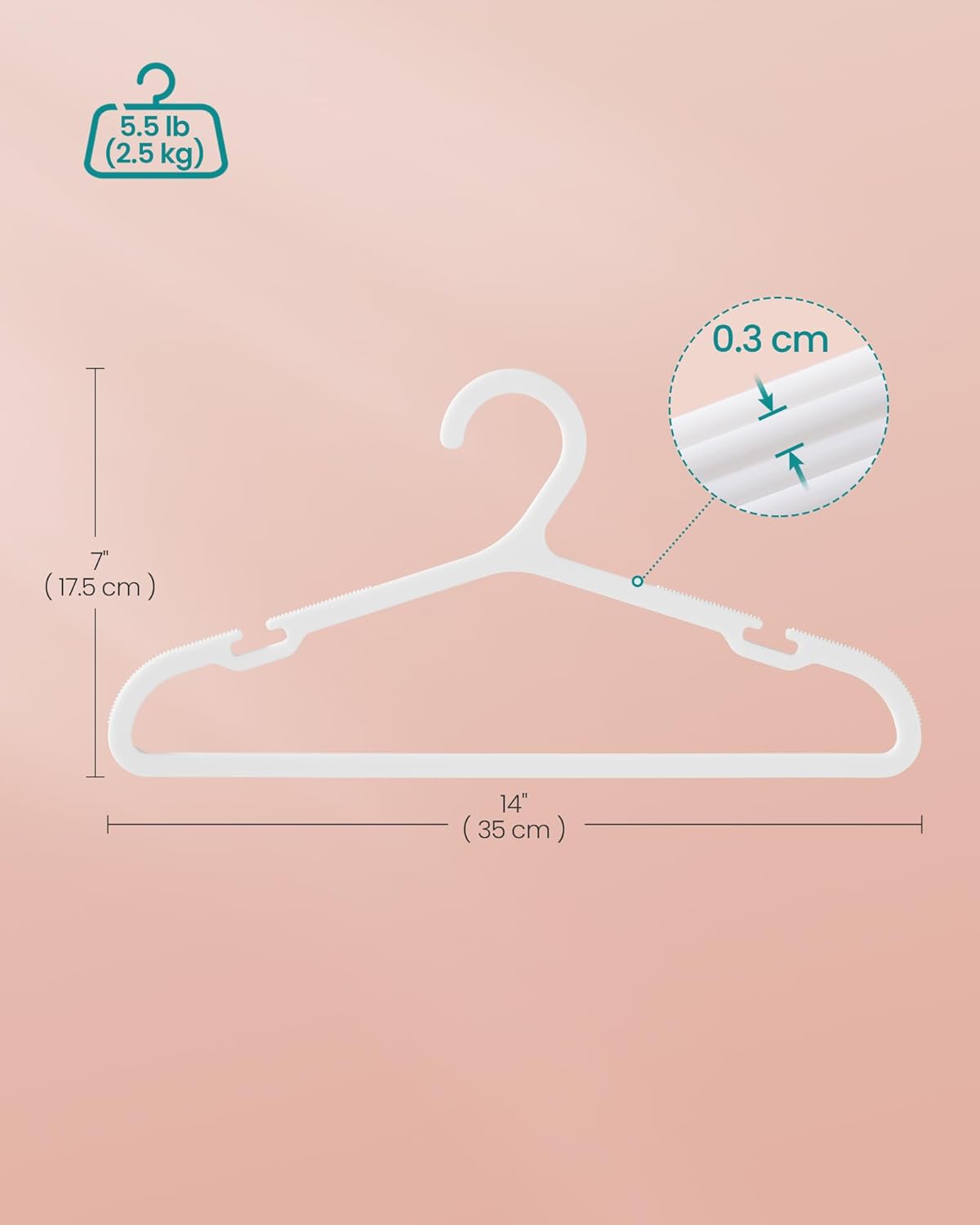 SONGMICS Kids Hangers 100 Pack, Plastic Baby Hangers for Closet, 14 x 7 Inches, for Children Aged 7-12 Years, Space-Saving, Non-Slip, Cloud White UCRP190W01