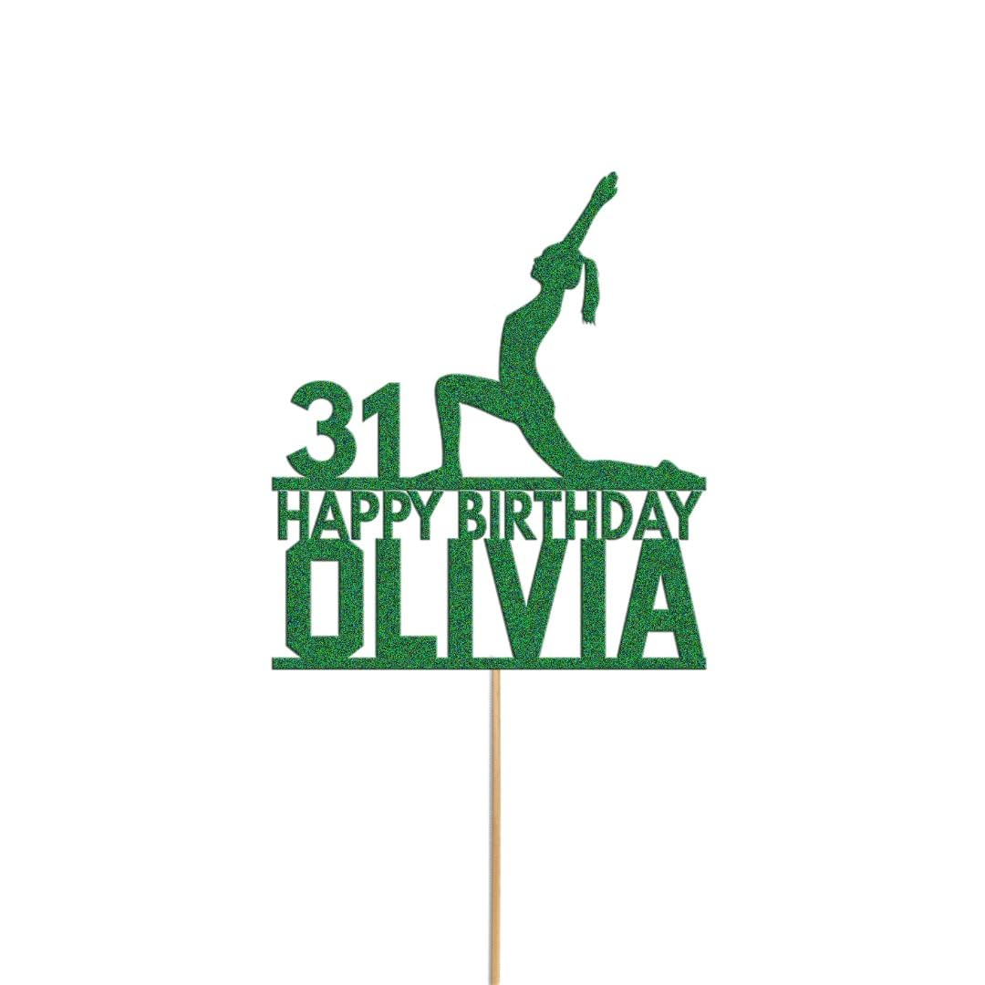 Womans Yoga Cake Topper Personalised Yoga Stretch Cake Decoration Any Name & Age | Personalised Cake Topper with Custom Name & Age | Birthday Party Decoration (Green) — image 1
