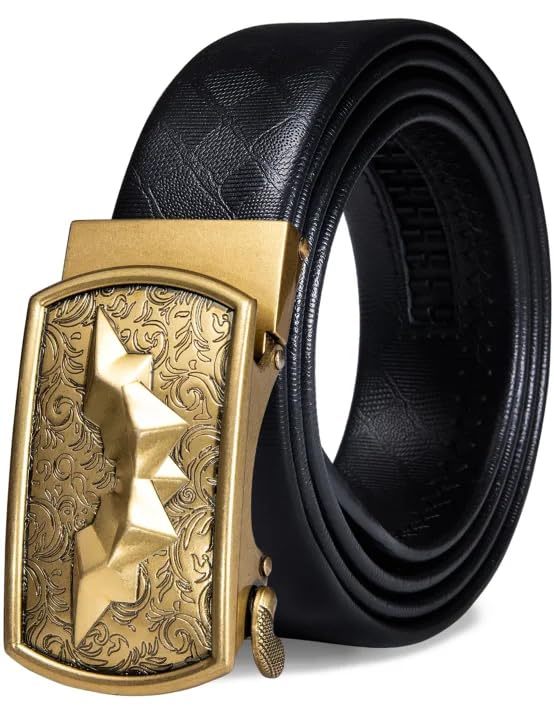 Barry.Wang Mens Black Belts Leather Ratchet Designer Automatic Bat Buckle Slide Click 1...