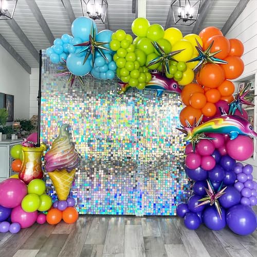 Image of COKAOBE Iridescent Silver Shimmer Wall Backdrop, 24 Panels Square Sequin Shimmer Backdrop, Photo Backdrops for Birthday, Anniversary, Wedding, Graduation & Bachelorette Party Decoration