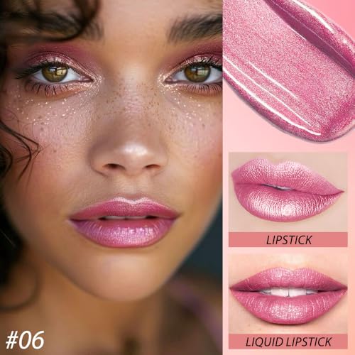 Image of evpct 2 in 1 Rose Pink Glitter Metallic Shimmer Diamond Lipstick and Lip Gloss Set for Women Long Lasting Waterproof, Baby Nude Pink Sparkle Glitter Shiny Lipstick and Lip Liner Makeup Set, 06#