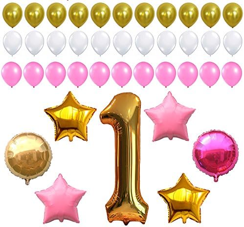 SMILENZA First Birthday Decoration - Pink White Gold Balloons Kit, Perfect for 1st Bday Party Supplies, Girl or Boy, Number One 1, Latex Stars and Round Ballon