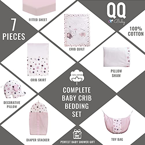 Qoupquru Baby Crib Bedding Set - 100% Turkish Cotton - Nursery Crib Bedding Sets For Boys & Girls - Elephant Design - 4 Color Variations By Qq Baby (Pink, 7 Pieces) #TOP3