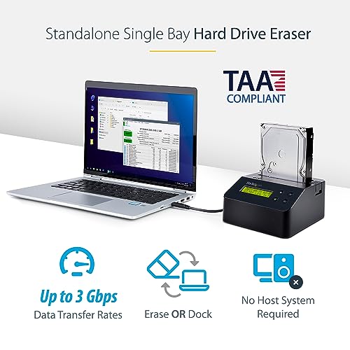 Image of StarTech.com Single Bay SSD /HDD Hard Drive Eraser, 2.5 /3.5 inch SATA, Hostless Standalone Secure Erase, Disk Sanitizer, Hardware Wiper Erasing Tool, 9 Modes, Printer Port, NIST /DOD, LCD, TAA (SDOCK1EU3P) | Standalone disk sanitizer, Hardware wiper, 9 modes, Single /3 /7-pass, Secure erase, NIST 800-88, USB 3.0, RS232 port