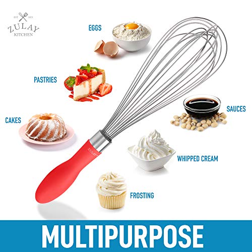 Zulay 12-Inch Stainless Steel Whisk - Balloon Whisk Kitchen Tool With Soft Silicone Handle - Thick Durable Wired Whisk Utensil For Blending, Beating, Whisking, Frothing, Stirring & More (Red) #TOP4