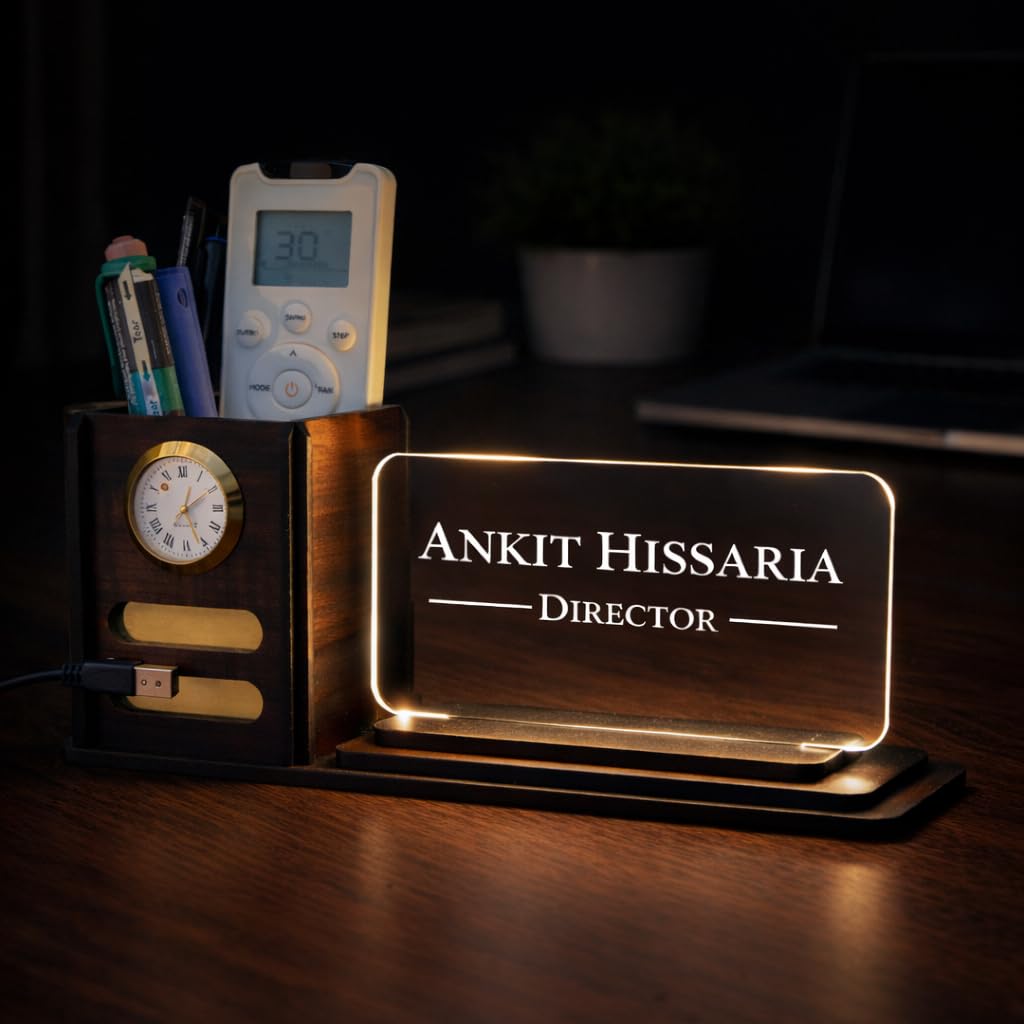 Zesta Wooden Desk Organizer Pen Stand Remote Holder Card Slot | Table Accessory Office Desk Study Room | Pencil Storage Stand Stylish Workspace Décor (Custom Organiser)