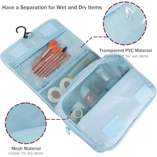 Image of Sprqcart Hanging Toiletry Bag for Travel - Large Makeup Organizer Pouch - Professional Cosmetic Storage Case - Grooming Kit with Compartments for Toiletries, Beauty Essentials, and Accessories | Blue