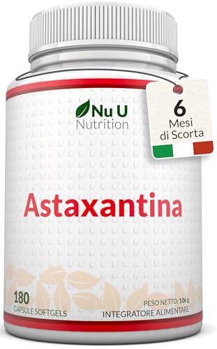 Astaxantina Naturale 12mg - 180 Capsule Softgel - 6 Mesi di Durata - Integratore Antiossidante da Alga Haematococcus Pluvialis - Senza Magnesio Stearato e OGM - Prodotto in Europa - Nu U Nutrition
