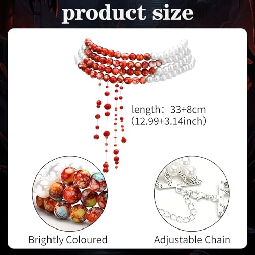 WEINIBAO Perlenkette Blut, Halloween Kostüm Zubehör Damen mit Blutige Perlenkette, Verstellbarer Blut Kette Halloween für Damen Mädchen, Blut Halskette für Halloweens Karneval Fasching Maskerade (C)