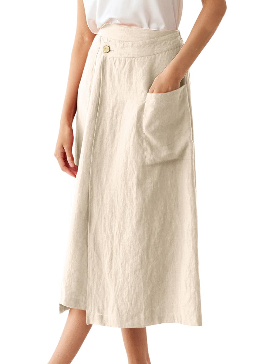 IDEALSANXUN Gonne in lino da donna, estive, casual, in cotone, linea A, elasticizzate, a vita alta, con tasche