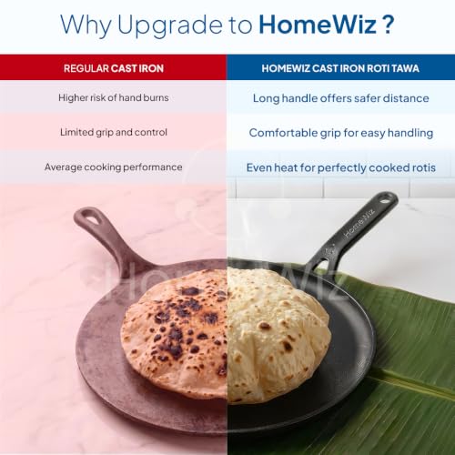 Image of HomeWiz Cast Iron Roti Tawa 28 cm | Free Oil Dispenser 500ml | Pre-Seasoned Iron Tawa with Long Handle for Roti, Chapati, Chillas & Paratha | Naturally Non-Stick | Induction & Gas Compatible