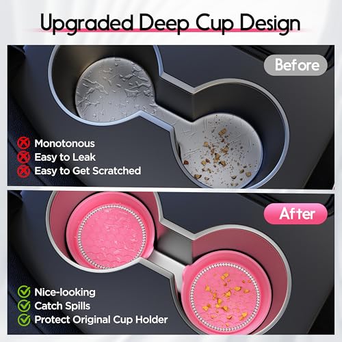 Image of Amooca Car Cup Coaster Universal Non-Slip Cup Holders Bling Crystal Rhinestone Car Interior Accessories 4 Pack Peach Pink