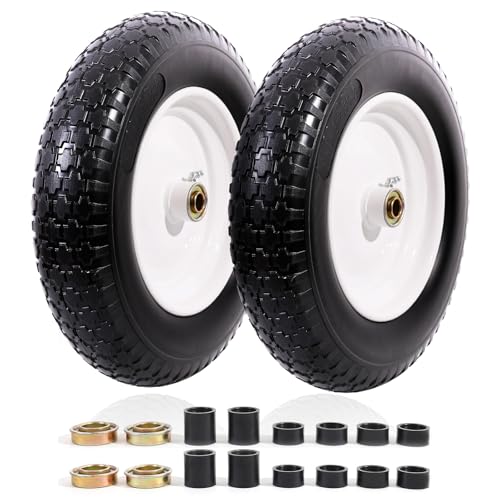 MZREXN 14.5' Wheelbarrow Tire Flat-Free 3.00/3.25/3.50/4.00-8' Solid Tire and Wheel with 3'-7' Centered Hub, 3/4' & 5/8' Bearings Replacement for Hand Truck/Dolly/Utility Cart/Garden Cart 2PCS White