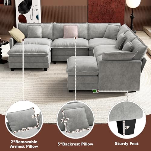 Image of Ihanherry 114 inch V-Shaped Modern Sofa Modular Sectional Cloud Couch with 2 Ottoman, 7-Seat Chenille Deep Seat Sofa with Corner Section for Living Room, Bedroom and Apartment, Grey