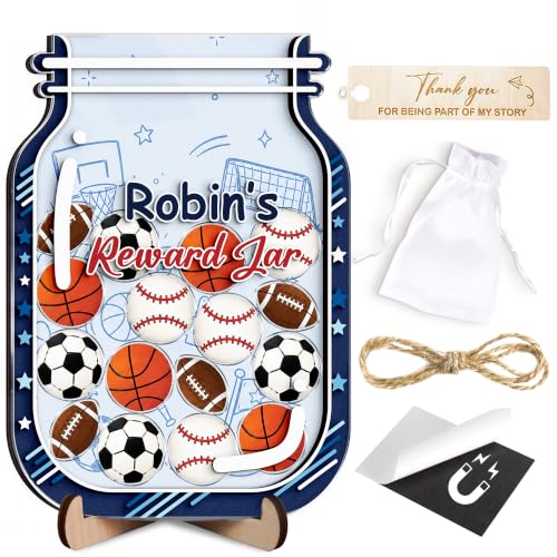 Image of Personalized Sports Magnetic Reward Jar for Kids, Potty Training Toddlers | Wooden Positive Behavior Tool with Acrylic Sports Tokens, Classroom Reward Jar, Back to School Gifts, Class & Home Decor