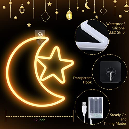 Eid Ramadan Decorative Neon Window Lights, 12 Inch Moon Star Led Lights Battery And Usb Powered Moon Neon Sign With Timer For Eid Mubarak Islam Holiday Party Window Ramadan (Warm White Light, 2 Pack) #TOP1