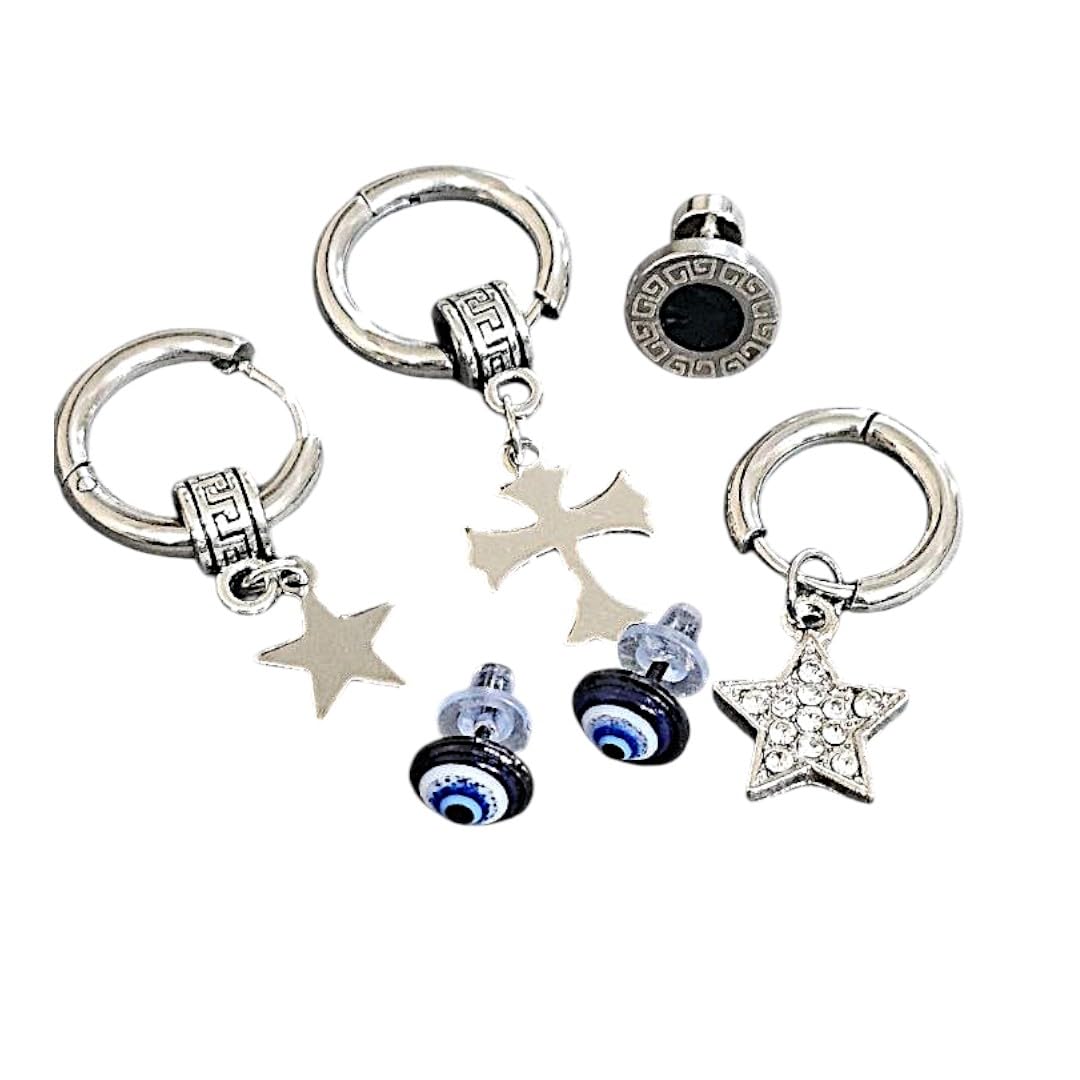 5 Pc Men Silver Earrings Set | Stylish Stainless Steel Studs & Hoops | Trendy Lightweight Fashion Jewelry for Men & Boys | Accessory Gift Set-image-45