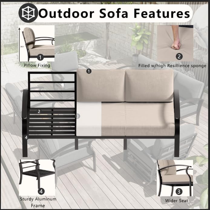 Image of Patio Furniture Set 6-Piece Aluminum Armrest Sofa, All-Weather Patio Conversation Set with Tempered Glass Top Table & Removable Sponge Cushions for Backyard Poolside-Sand