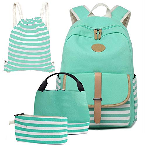 Joyfulife Girls Backpacks, School Backpack for Girls Lightweight Canvas Backpack Student Bookbags Stripe Backpack with Lunch Box 4 in 1