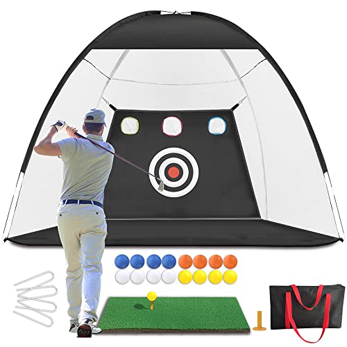 Golf Net, Golf Nets for Backyard Driving-0.43 in Thickened Fiberglass Rod Frame, Golf Practice Net with 16 pcs Foam Balls, 10×7ft Golf Hitting Net, Golf Net with Hitting Mat