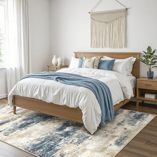 Area Rugs 10x12 for Living Room Bedroom, Modern Abstract Machine Washable Rug, Large Soft Low Pile Floor Cover with Non Slip Backing for Dining Room, Blue Beige
