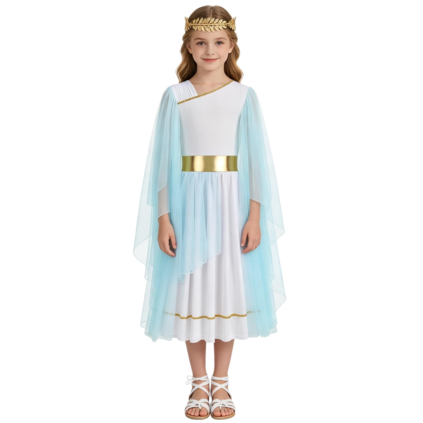 maxToonrain Ancient Greek Goddess Girls Costume 2 PCS Kids Roman Costume with Golden Browband for World Book Day Christmas Halloween (X-Large,140 CM)