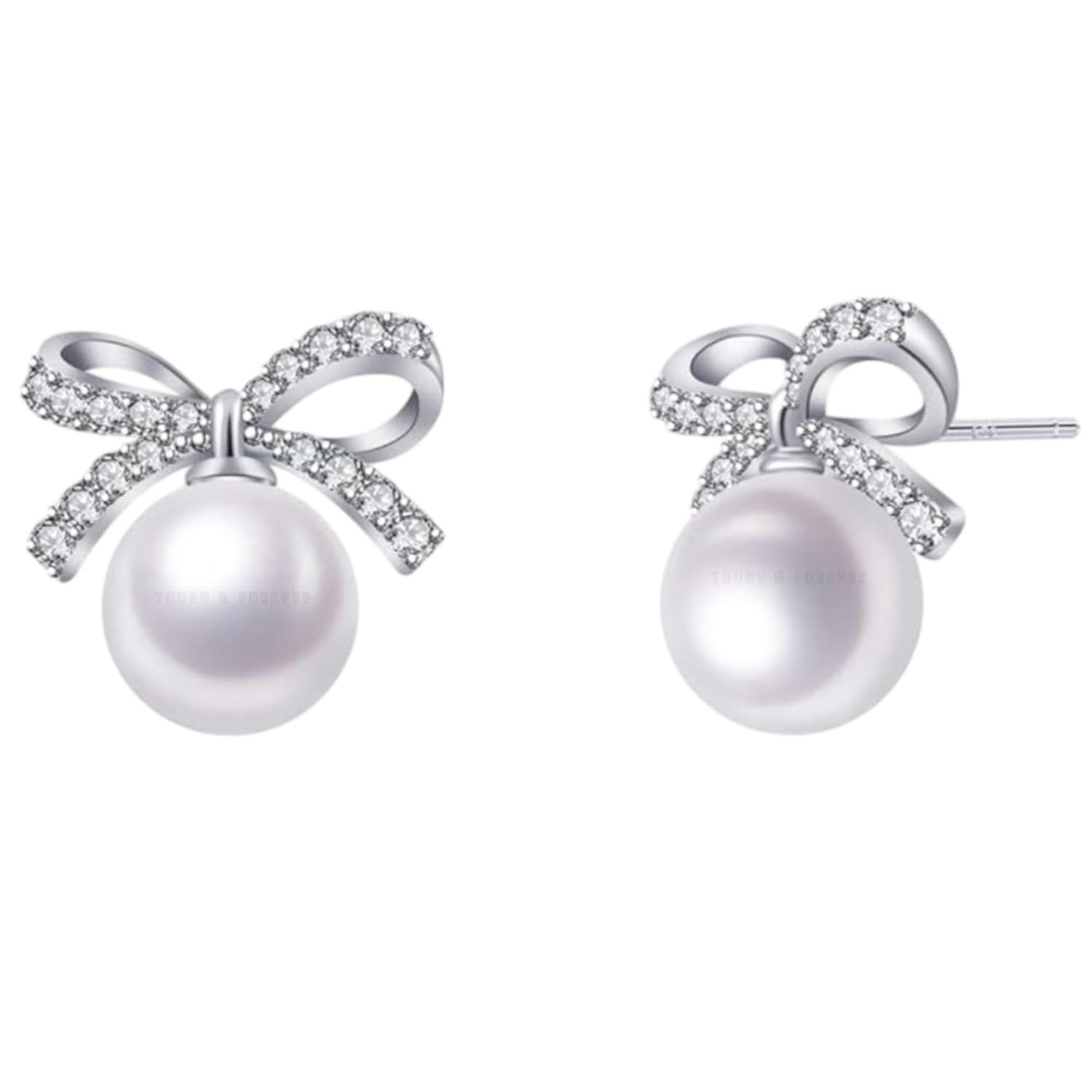Young & Forever Pearl Drop Earrings with Crystal Bow Design, Sterling Silver Studs, White for Women and Girls