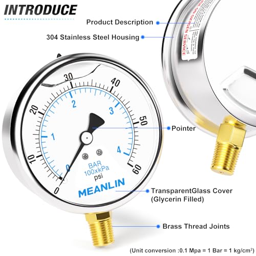 Image of MEANLIN MEASURE 0~60Psi Stainless Steel 1 /4 inch NPT 4 inch FACE DIAL Liquid Filled Pressure Gauge, Pool Sand Filter Water Pump Pressure Test Lower Mount, with 1 /4 inch x 1 /2 inch NPT and 1 /4 inch x 3 /8 inch NPT Hex Bushing