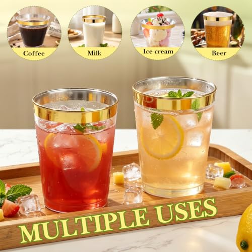 Image of 100 Pack Gold Plastic Cups, 10 OZ Clear Plastic Cups Gold Rimmed