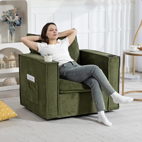 Image of 32 inch Wide Swivel Accent Chair Set of 2 with Cup Holders, Green | Comfy Armchair, Side Pockets, Modern Chenille Sofa Couch, Living Room, Bedroom, Corner