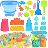 Collapsible Beach Toys for Kids Toddlers, Collapsible Sand Bucket and Shovels Set with Mesh Bag,Travel Sand Castle Building Kit, Sandbox Toys, Foldable Beach Essentials for Toddlers Kids Age 3-10 