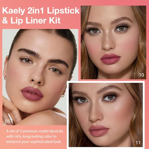 Image of Kaely 3Pcs Gradient Matte Lipstick Lip Liner Pencil Set for Women, 2in1 Flawless Contour Gradual Ombre Effect Lip Pencil Makeup Waterproof, labiales mate 24 horas originales, 05+10+11