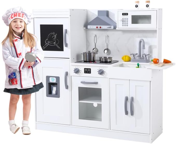 Vista 9 de Mini juguete de simulación para niños, juego de cocina de madera con 20 accesorios de utensilios de cocina, máquina de hielo, microondas, horno